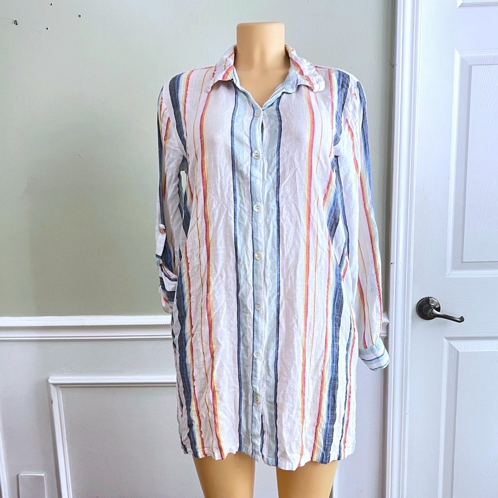 Blue Island Button Front Tunic Womens Medium Striped Rayon White Coastal Beachy